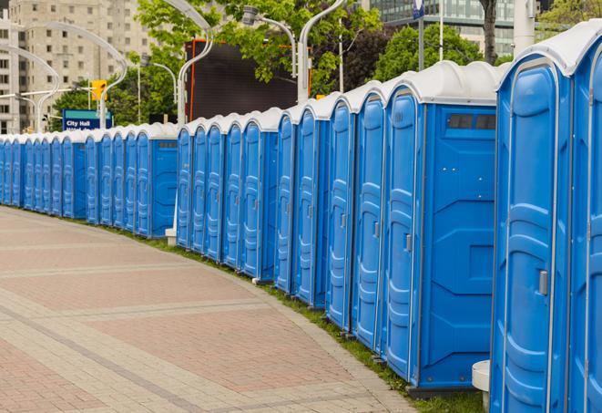 Seasonal porta potty units set up at a Cuyahoga Falls, Ohio venue